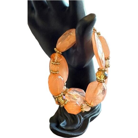Elegant Peach Resin Beaded Stretch Bracelet With Crystals & Gold Tone Accents - Picture 4 of 5